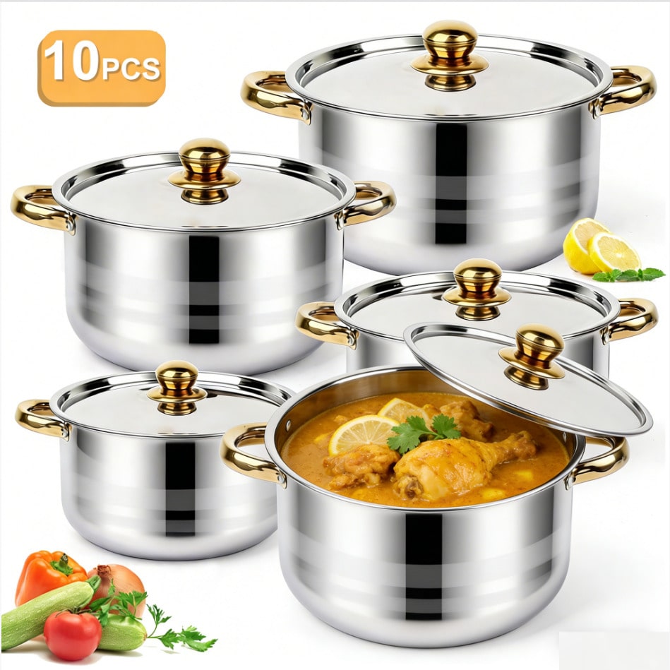 Home Cooking Meals - Edelstahl-Topfset, modernes Luxus-Kochgeschirr, Silberner Körper, Goldene